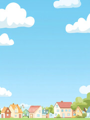 Naklejka premium The image shows a collection of colorful houses with various roof styles under a clear blue sky with two clouds. The vibrant colors and simple design make it visually appealing.