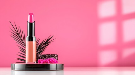 Lipstick on chrome stand with flower/leaves Pink backdrop w/ light window pattern