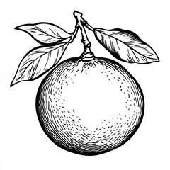 Ink drawing of an orange with leaves on a branch.