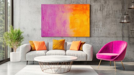Modern living room with abstract art, sofa, chair