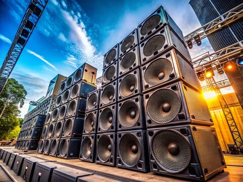 Powerful Concert Sound System: Subwoofers & Line Arrays at Outdoor Music Festival