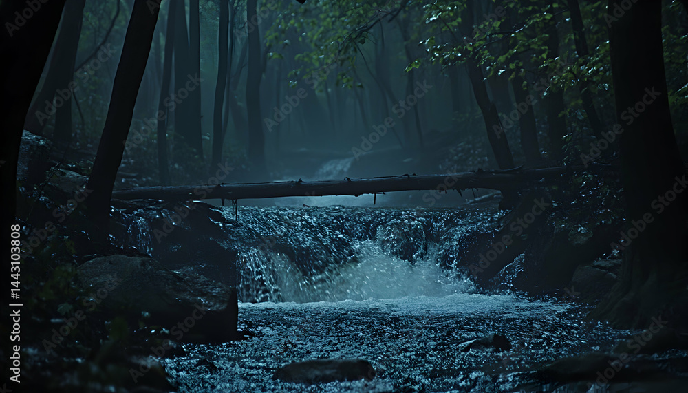 Poster enchanting mystical forest stream at night, a fallen log forms a rustic bridge over cascading water.