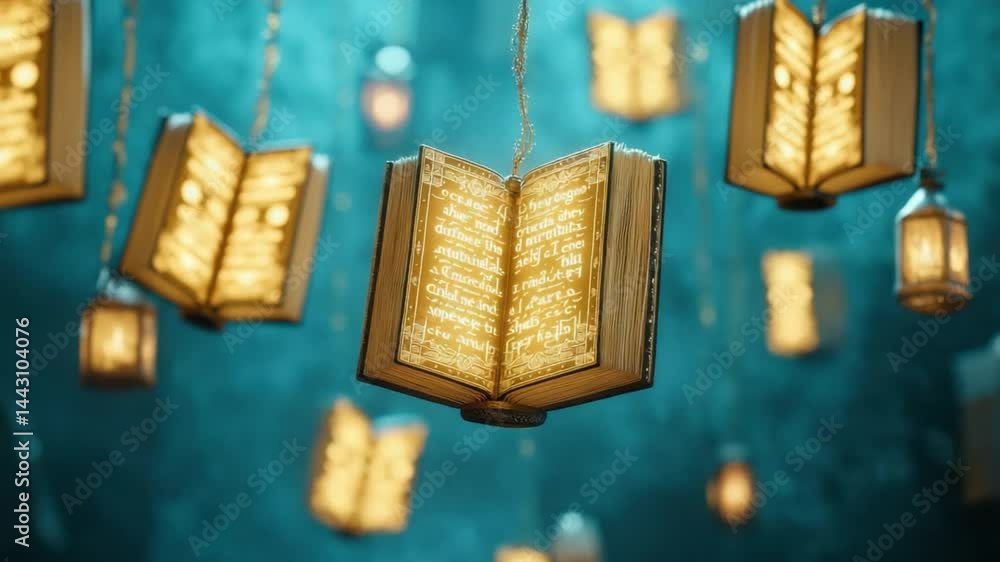 Poster enchanted books hanging in air with soft glowing lanterns in a mystical setting