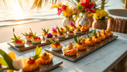 Vibrant Tropical Dessert Display with Fresh Fruits and Flowers Outdoors at Sunset
