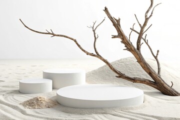 Minimal mockup background for product presentation. Podium and dry tree twigs branch with white sand beach on white background. 3d rendering illustration - generated by ai