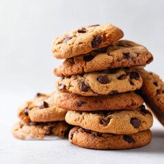 A stack of chocolate chip cookies on a white surface close up view