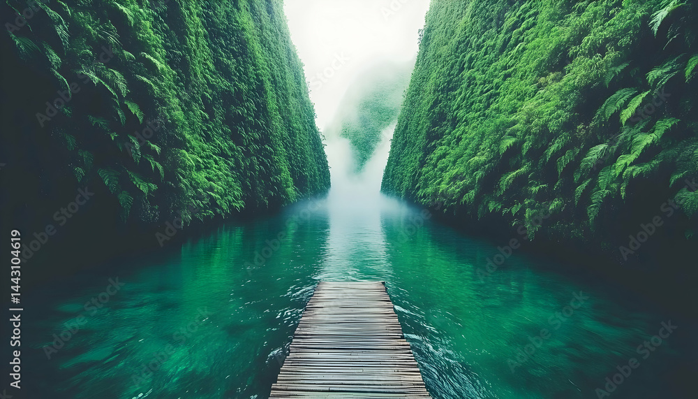 Poster serene view of a wooden dock extending into a vibrant emerald green river nestled between lush green