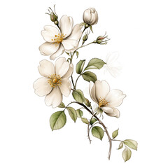 Obraz premium An elegant arrangement of white dog rose flowers with leaves on a white background.