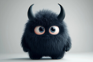 Cute fluffy black monster with small horns and big eyes, minimalist white background