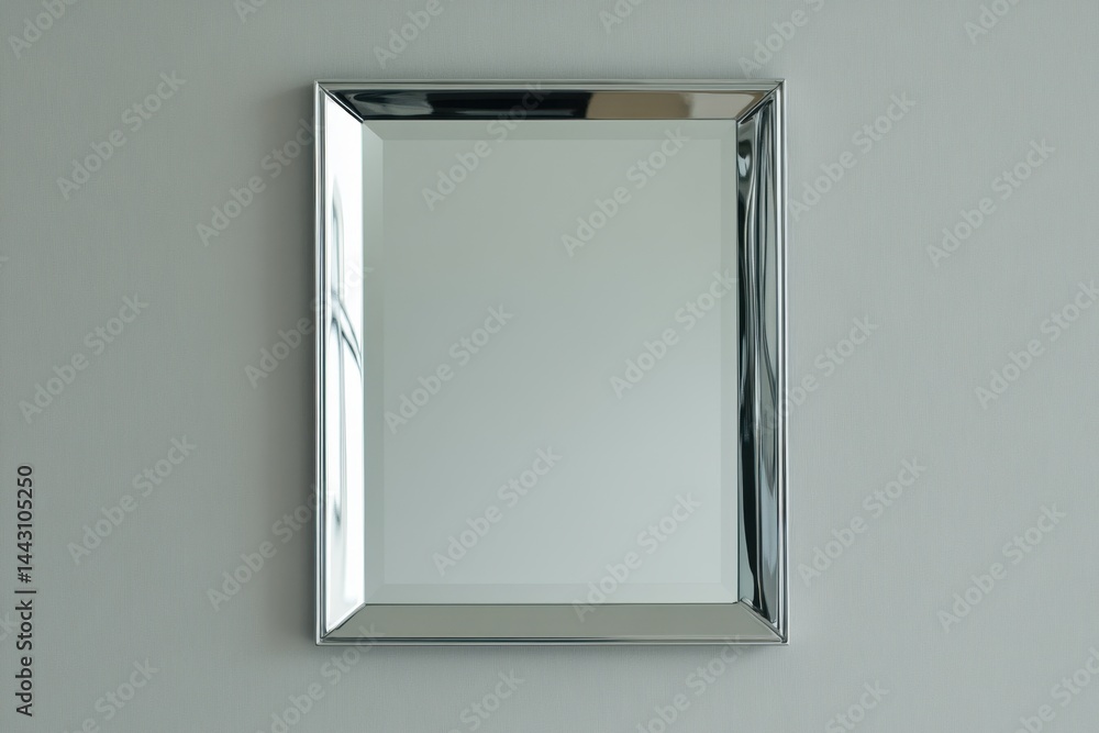 Poster elegant rectangular mirror with chrome frame against a serene gray wall reflecting light and space e