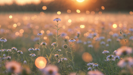 Field of wildflowers glowing in the soft evening sunlight