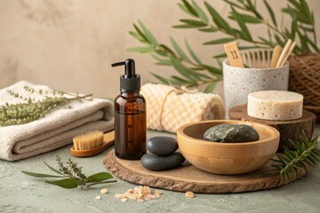 Natural cosmetics product background, banner. Serum or oil and cosmetic skin care, zero waste, eco friendly bathroom and spa accessories, volcanic aromatherapy stone and herbs - generated by ai