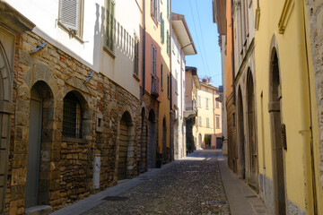 Old buildings along via Borgo Canale at Bergamo, Italy