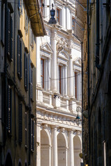 Fototapeta premium Old buildings along via Colleoni at Bergamo, Italy, with the Biblioteca Civica