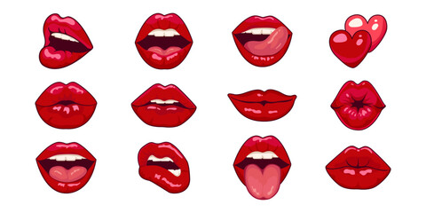 Set of vector icons of lips, different mouth shapes. Female emotions. Red lips on isolated background