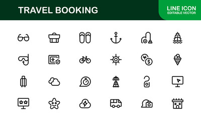 Premium Travel Reservation and Trip Planning Icon Set. Modern Vector Illustrations for Vacation, Hotel, Flight, and Transportation Design