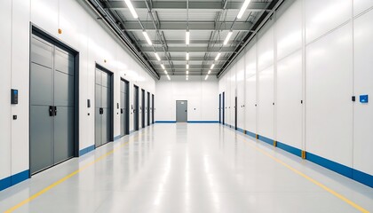 Fototapeta premium Modern Industrial Warehouse Interior Corridor with Rows of Grey Storage Doors and Bright Lighting