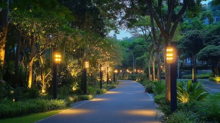 Obraz premium Evening park pathway lit by lamps