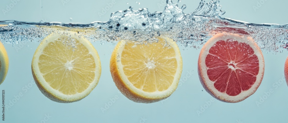 Aufkleber vibrant citrus slices plunge into refreshing water creating dynamic splash and bubbles showcasing fr