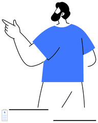 Man in minimal line art style wearing a blue shirt pointing forward, exuding guidance and direction. Ideal for leadership, coaching, navigation, teaching, communication, mentorship, collaboration