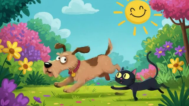 Happy Dog and Cat Playing in a Sunny Garden - A cheerful cartoon dog and cat frolic through a vibrant garden filled with colorful flowers under a smiling sun.  The scene evokes feelings of joy and spr
