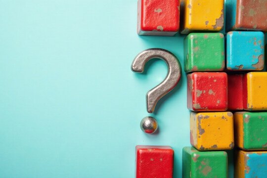 A metallic question mark and aged colorful blocks on a light blue background, suggesting uncertainty and childhood memories.