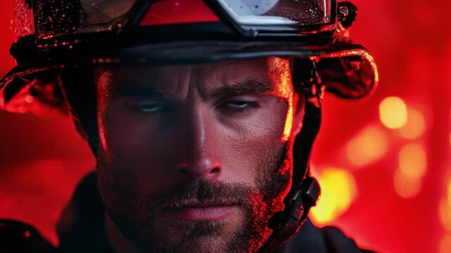 Intense Portrait of Firefighter in Protective Gear Facing Flames with Determination and Courage in a Critical Situation