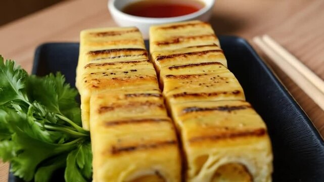 toast with butter neatly arranged plate  on a rectangular black ceramic dish. 