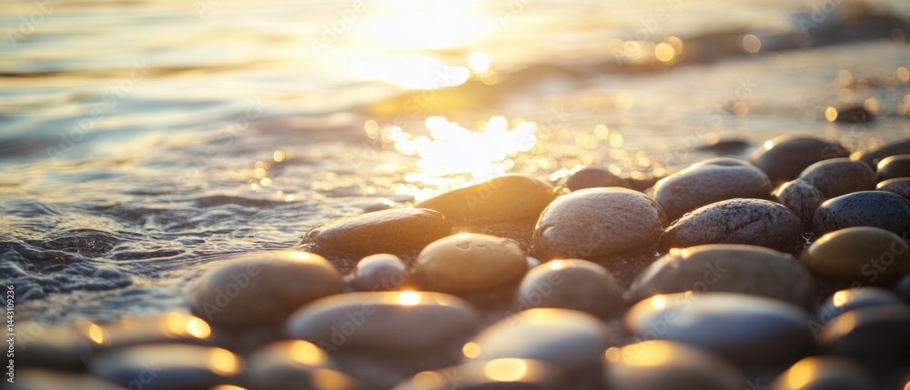 Poster serene beach at sunrise with smooth stones and gentle waves creating a peaceful and calming scene go