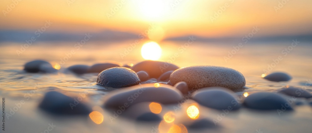 Aufkleber serene sunset reflecting on smooth stones in shallow water creating golden bokeh and peaceful atmosp