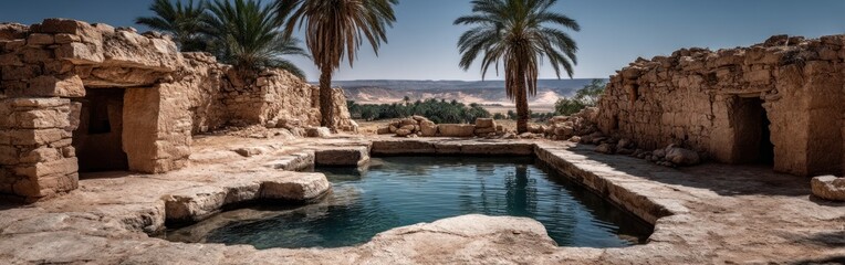 Remote oasis showcases ancient cisterns, crumbling stone basins, and resilient palm trees under fierce sunlight