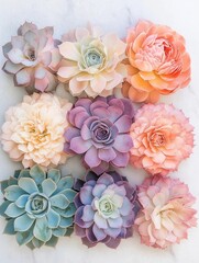 Flat lay of a group of succulent flowers arranged in a circular pattern on a white marble surface. there are nine flowers in total, each with a different color and shape.