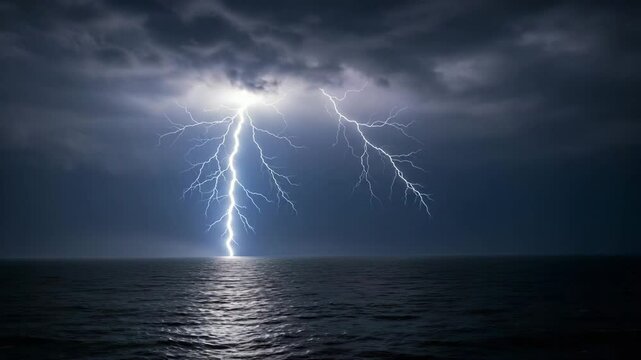 Forked lightning above peaceful sea with distant storm  