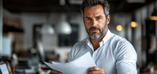 Obraz premium Confident Mature Businessman Reviewing Documents in Modern Office