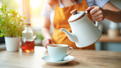 close-up of a woman pouring tea into a cup from a teapot
