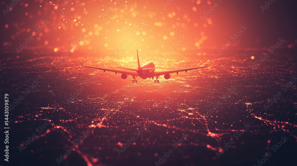 Poster stylized representation of global air traffic workload with airplanes and luminous arcs, clean gradi
