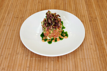 A plate of food with a green sauce on top. The plate is white and the food is brown