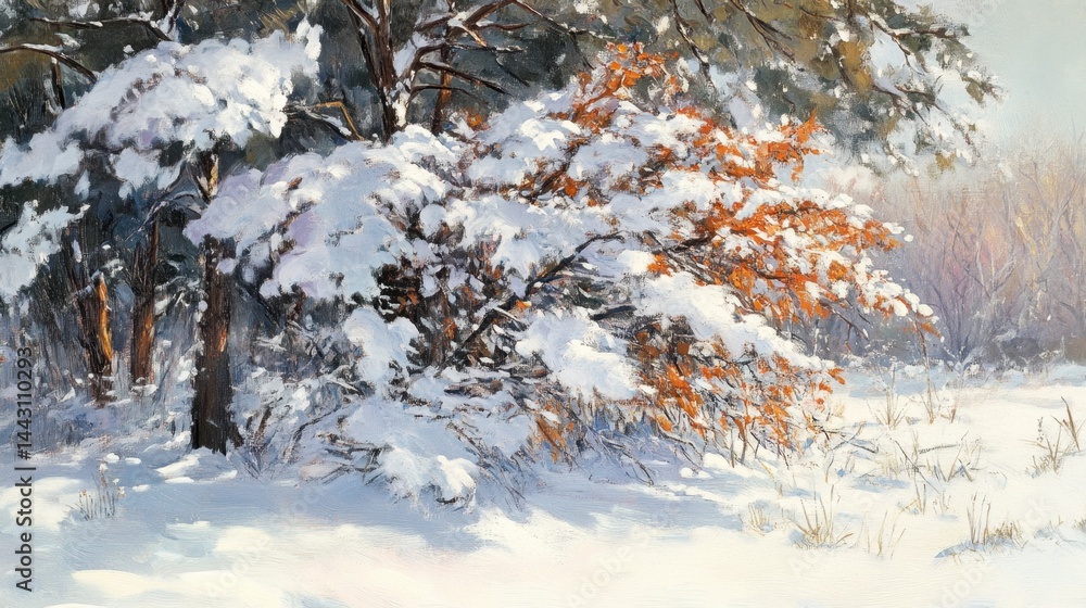 Poster winter landscape painting of snow covered trees with orange leaves creating a serene and peaceful at