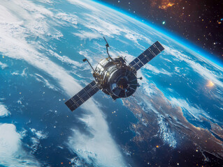 Obraz premium A modern satellite floats effortlessly in space, showcasing detailed solar panels and antennas