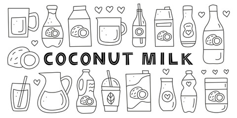 Set of doodle outline coconut milk isolated on white background. Plant based alternative beverages. Milk in glass jug, cup, plastic bottle, can, cardboard. Vegan calcium source. Healthy nutrition.