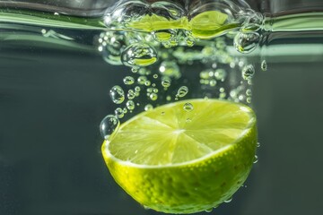 Sliced lime splashing in water with bubbles  