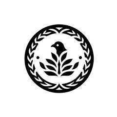 Black and White Bird Crest Emblem, Laurel Wreath, Minimalist Design