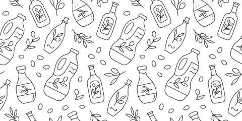 Black and white seamless pattern with doodle outline olive oil in bottles and olive twigs. Healthy nutrition concept. Vegetable fats.