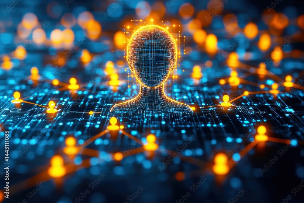 Poster abstract representation of digital human silhouette surrounded by glowing network connections and da