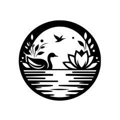 Tranquil Swan Lake Scene: Minimalist Black and White Circle Icon
