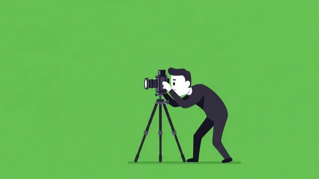 Photographer at work: capturing the perfect shot with his professional camera and tripod on a vibrant green background.