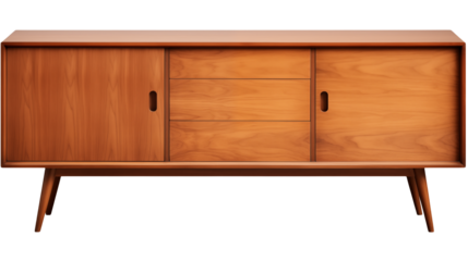 A wooden sideboard with sliding doors and drawers isolated on transparent background	