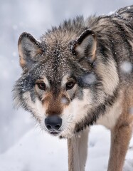 Fototapeta premium Grey wolf walking in the snow during snowfall