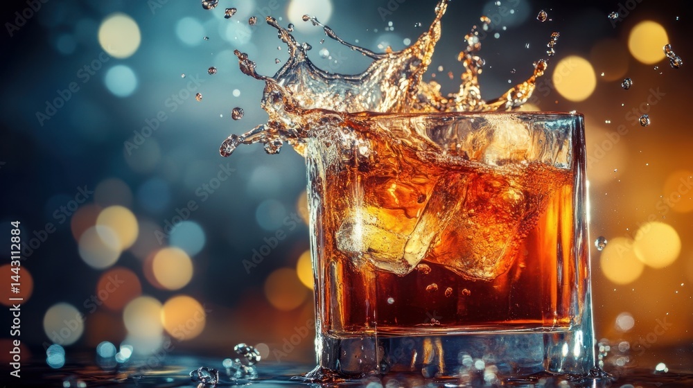 Poster whiskey splash in glass with ice cubes creating dynamic liquid motion against bokeh lights backgroun