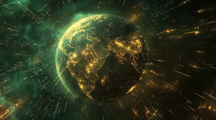 Earth surrounded by countless glowing flight paths, showcasing the complexity of international air travel, futuristic background 